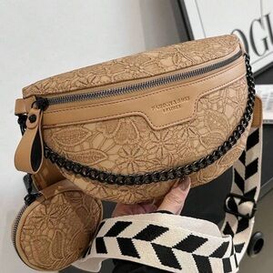 Elegant Tan Lace Crossbody Bag with Chain Accent